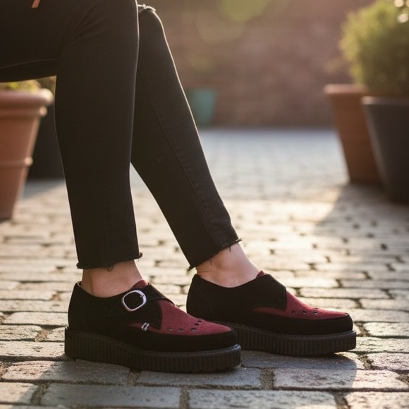 tuk Shoes - Tuk Black & Burgundy Suede Pointed Buckle Creeper Women’s 9 Men’s 7 Style A9592